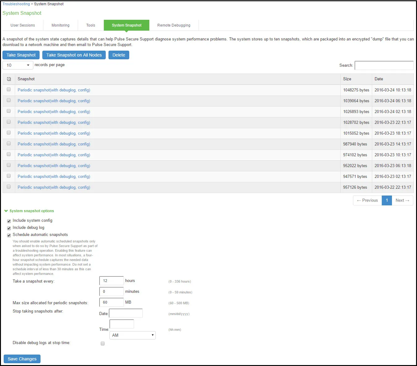System Snapshot Configuration Page System Snapshot Configuration Page