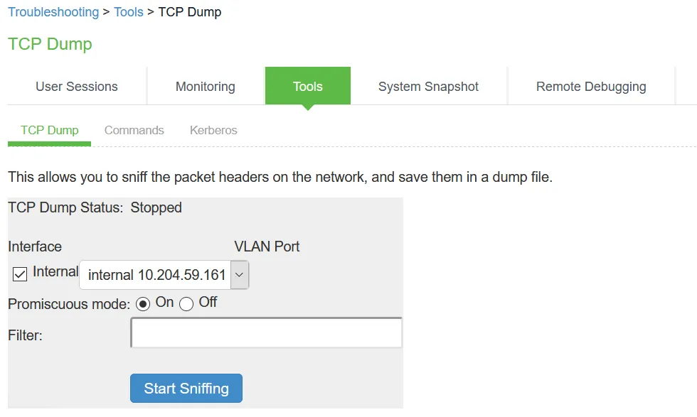 TCP Dump Configuration Page TCP Dump Configuration Page