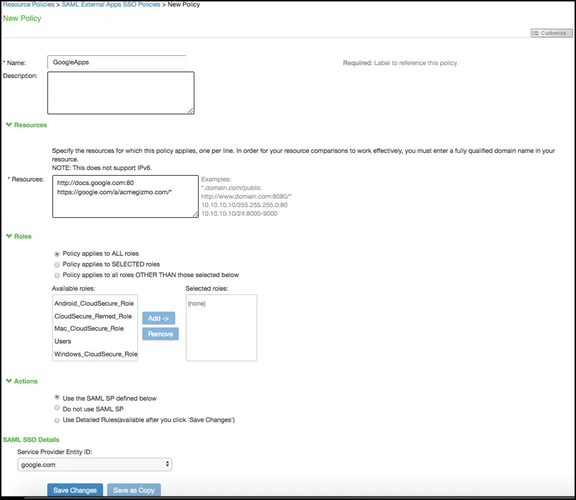 SAML External Apps SSO Policy Settings SAML External Apps SSO Policy Settings
