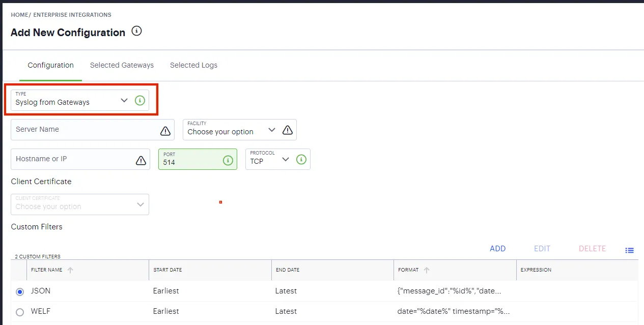 Add a new Syslog Server configuration Add a new Syslog Server configuration