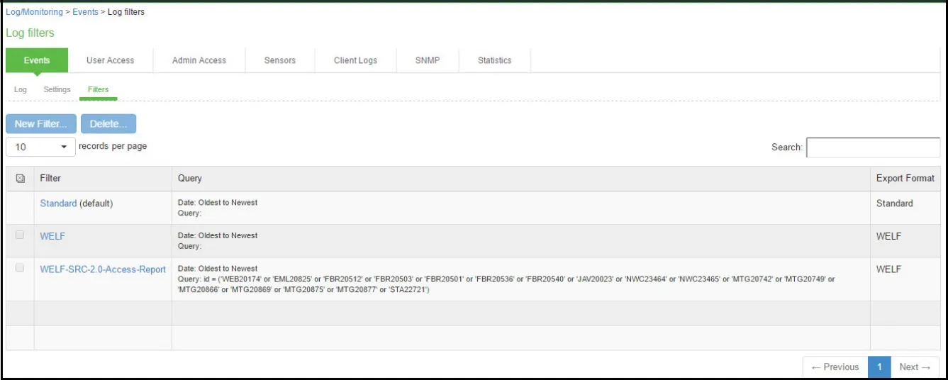Log Filters Page Log Filters Page