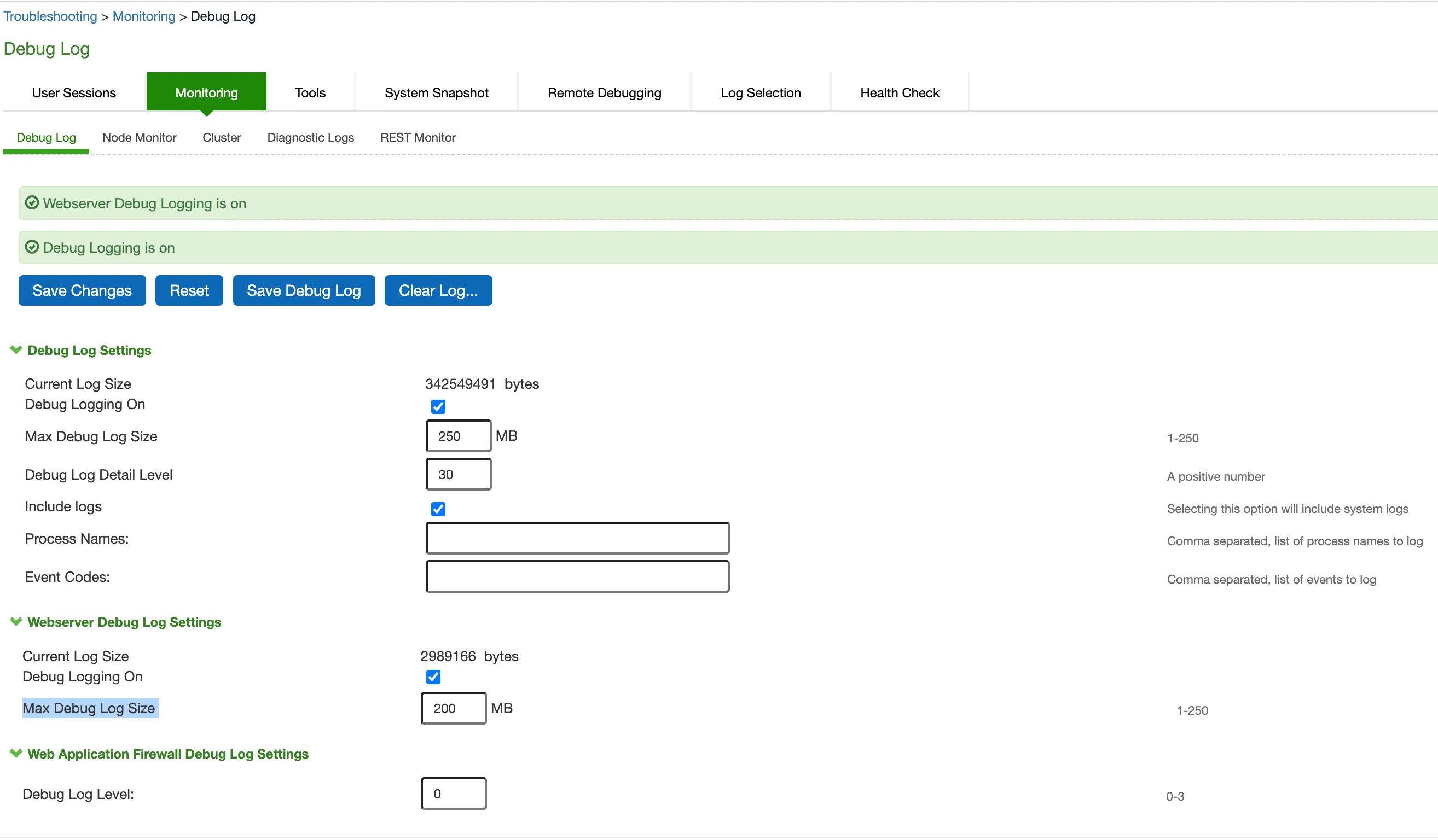 Debug Logging Configuration Page Debug Logging Configuration Page