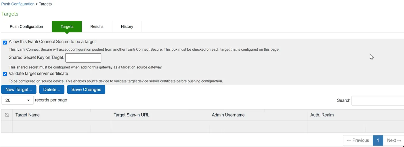 Push Configuration Target List and Source Device Settings Page