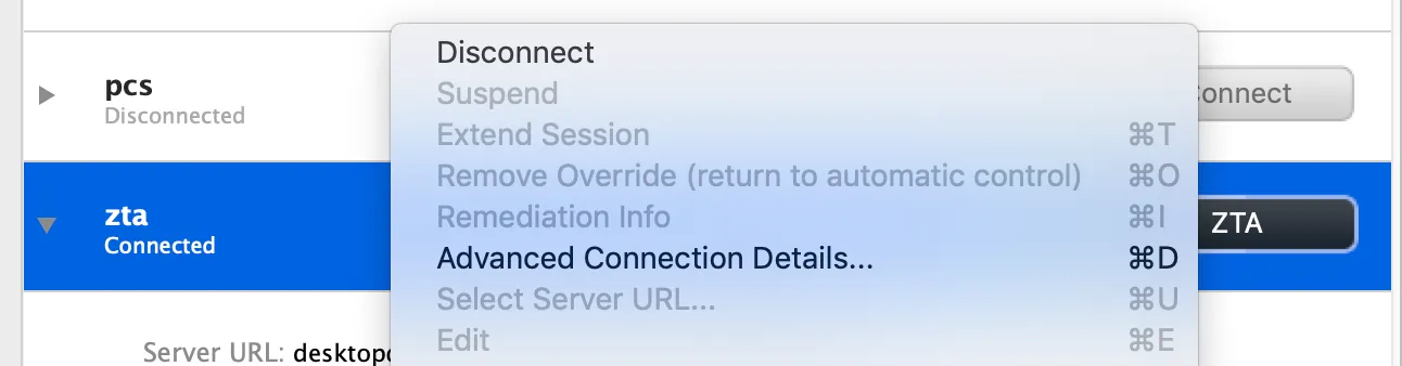 Manually disabling a nZTA connection through the Ivanti Secure Access Client connection list context menu Manually disabling a nZTA connection through the Ivanti Secure Access Client connection list context menu