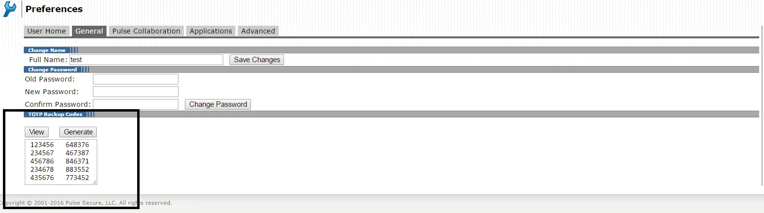 View Backup Codes