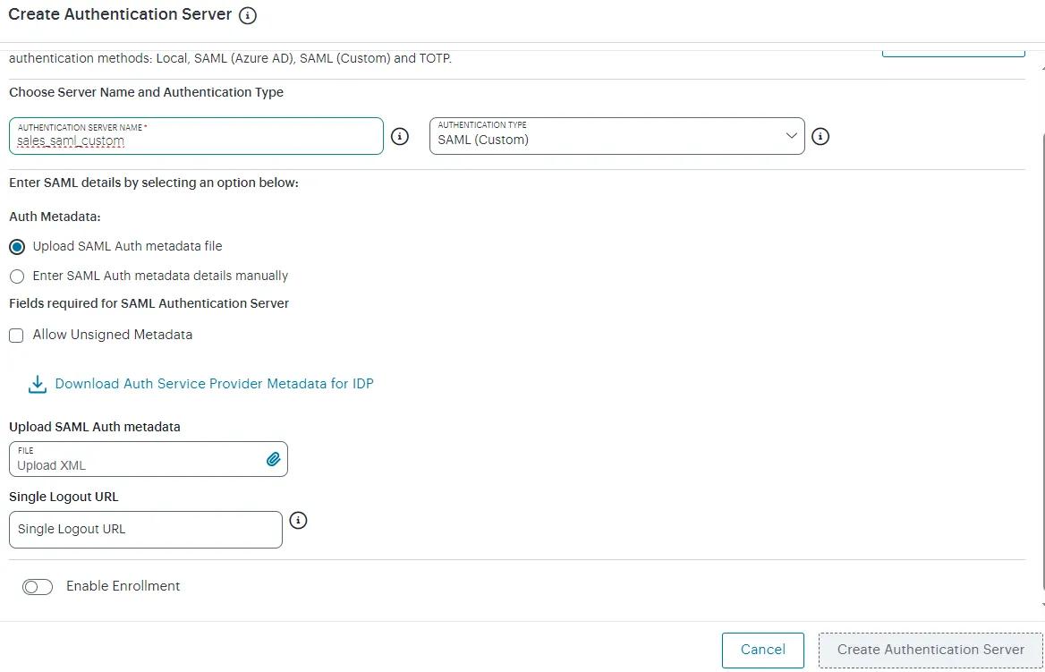 Configuring SAML (Custom) authentication settings