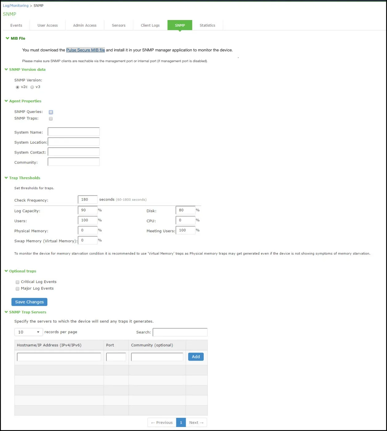 SNMP Configuration Page SNMP Configuration Page
