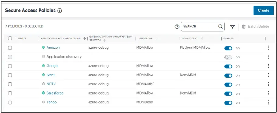 Viewing the Secure Access Policies page
