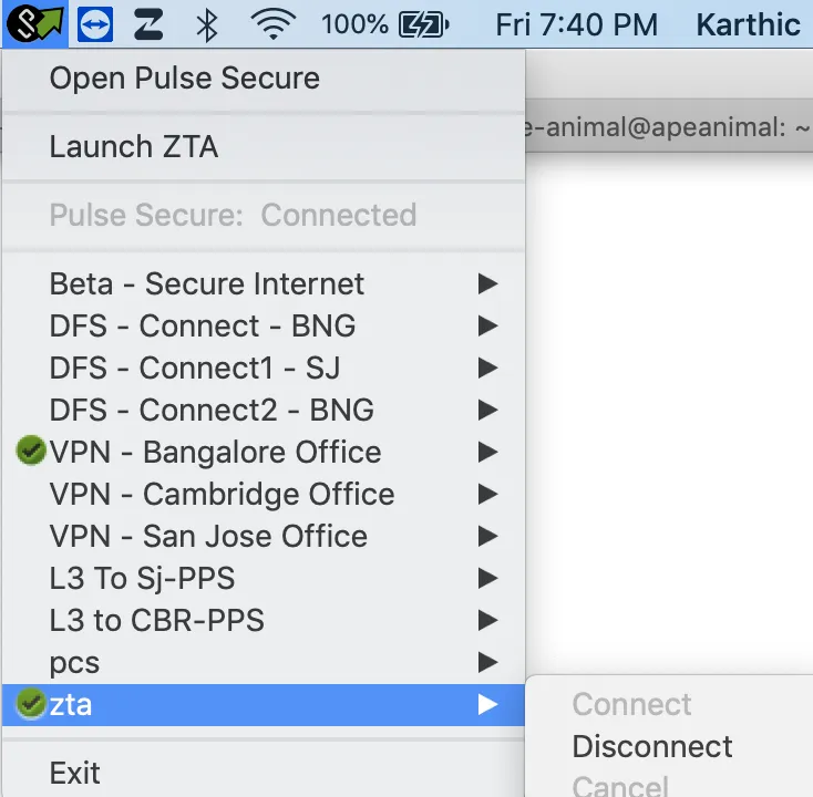 Manually disabling a nZTA connection through the Ivanti Secure Access Client System Tray control Manually disabling a nZTA connection through the Ivanti Secure Access Client System Tray control