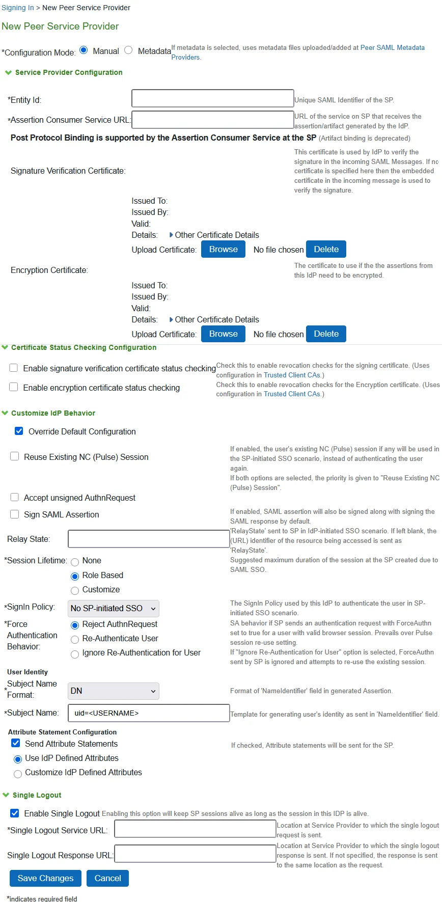 Peer SP Settings Peer SP Settings