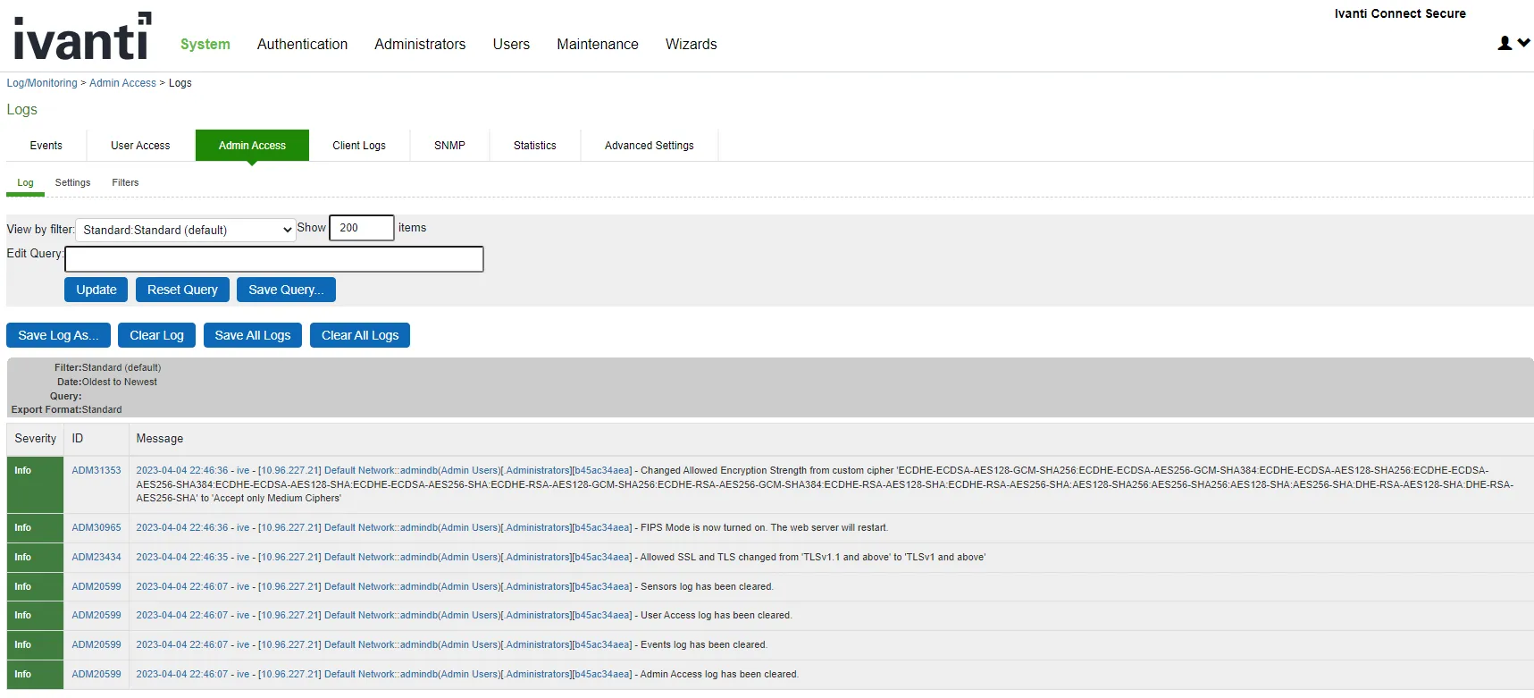 Admin Access Logs for FIPS Level 1 Admin Access Logs for FIPS Level 1