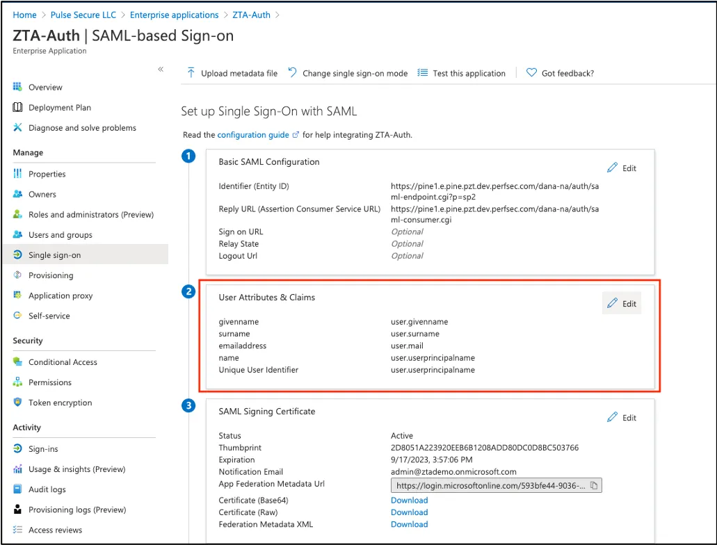 Editing the user attributes and claims for an Azure AD application