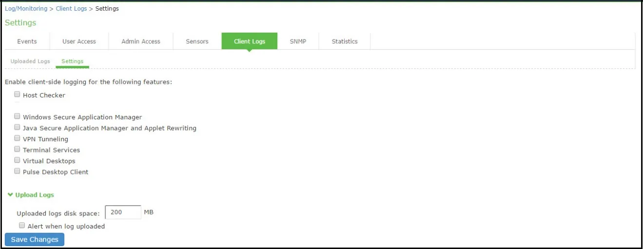 Client Logs Configuration Page Client Logs Configuration Page