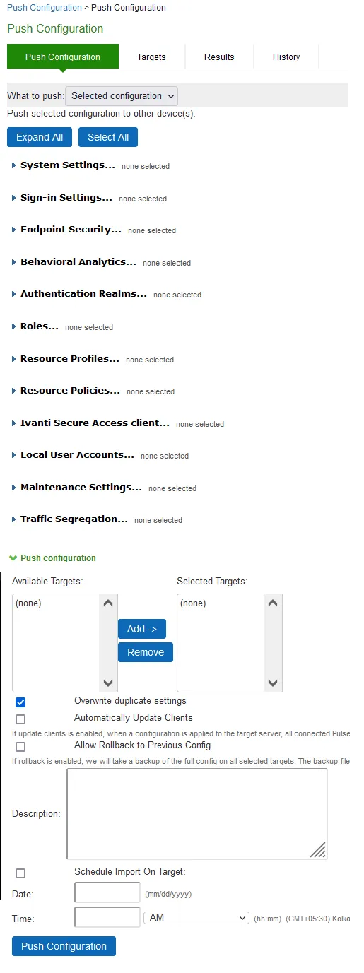 Push Configuration Selected Settings Page