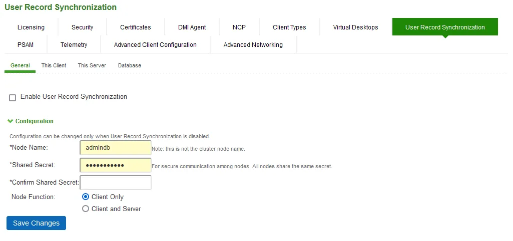 User Record Synchronization General Settings Configuration Page User Record Synchronization General Settings Configuration Page