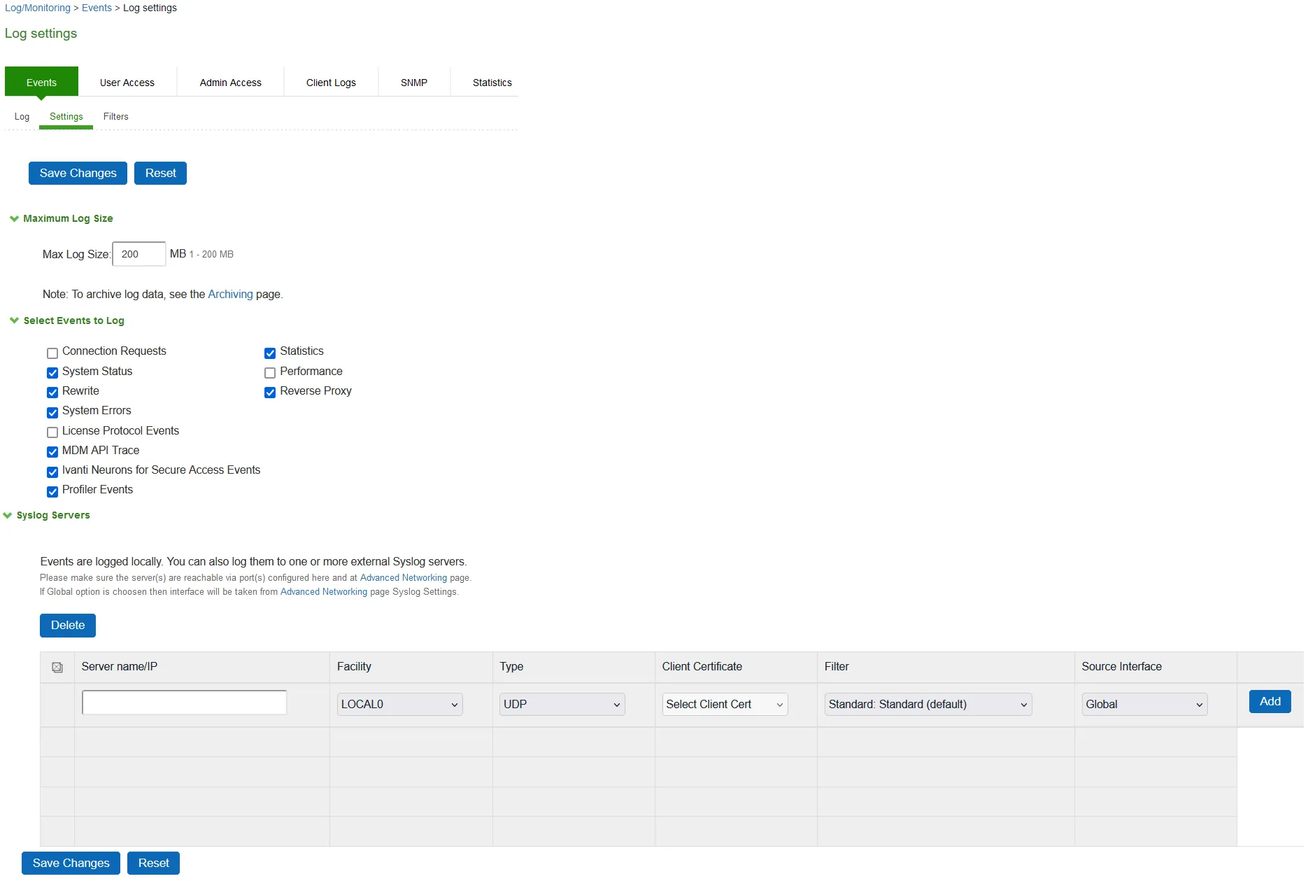 Log Events Settings Configuration Page Log Events Settings Configuration Page
