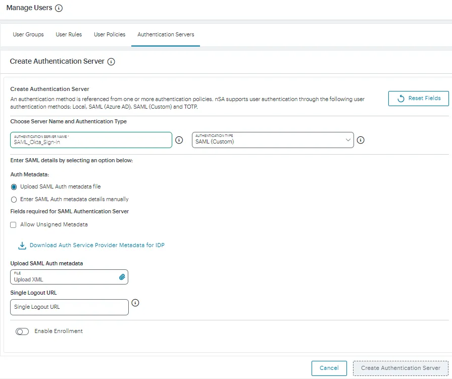 Configuring Okta SAML authentication settings