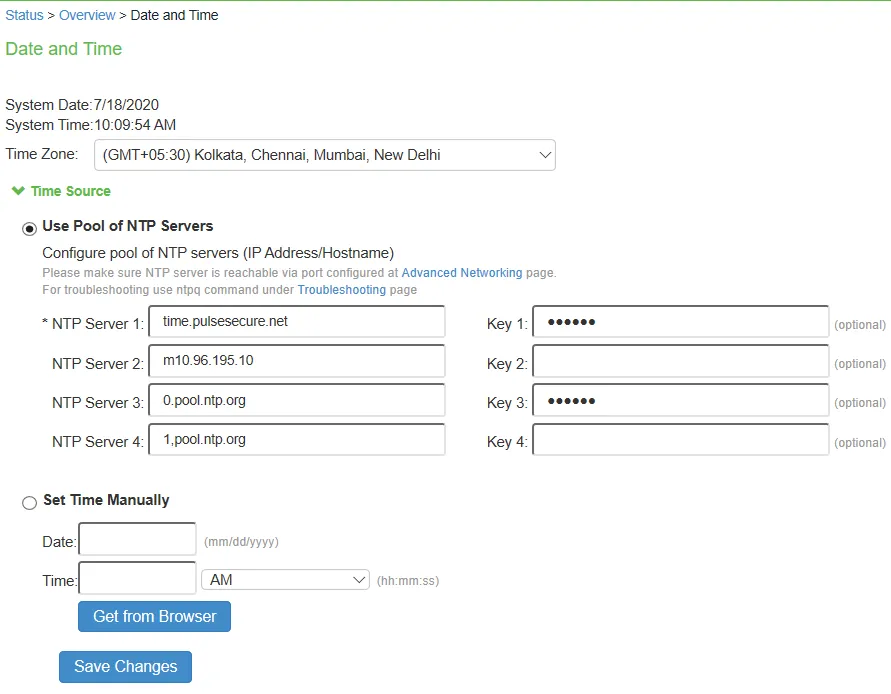 NTP configuration page NTP configuration page