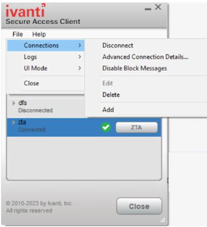 Manually disabling a nZTA connection through the Ivanti Secure Access Client application menu Manually disabling a nZTA connection through the Ivanti Secure Access Client application menu