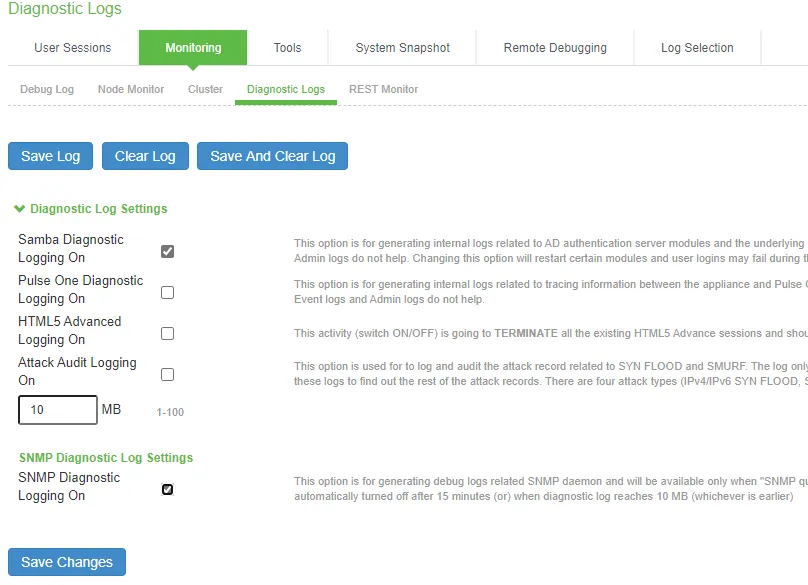 Samba Diagnostic Logging Configuration Page Samba Diagnostic Logging Configuration Page