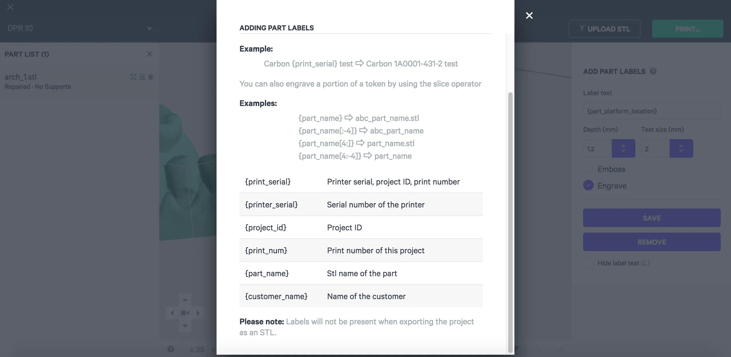 Help dialog for part label tokens Help dialog for part label tokens