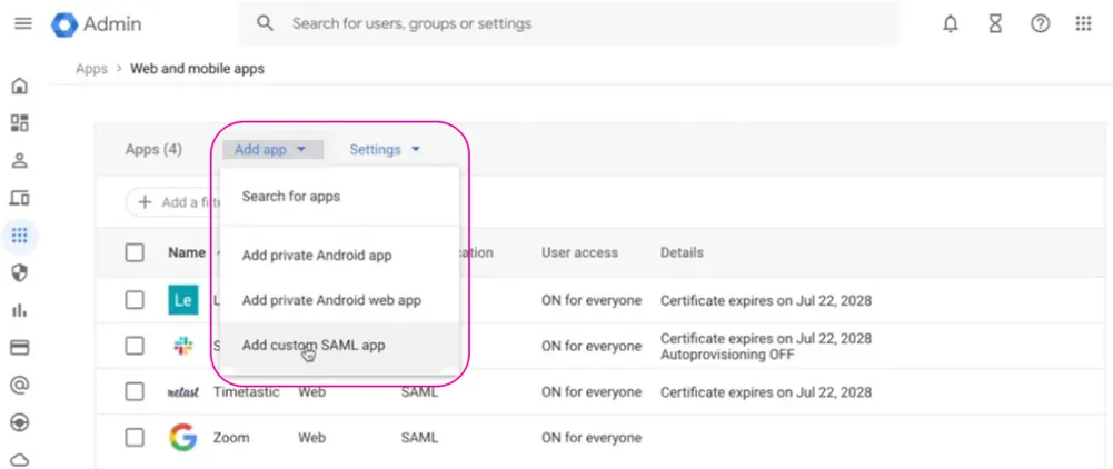 Add custom SAML app