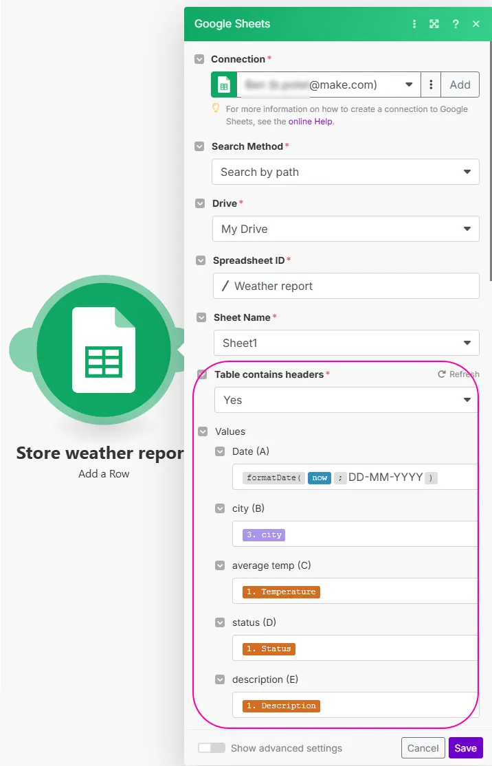 Map values to the Google Sheet document