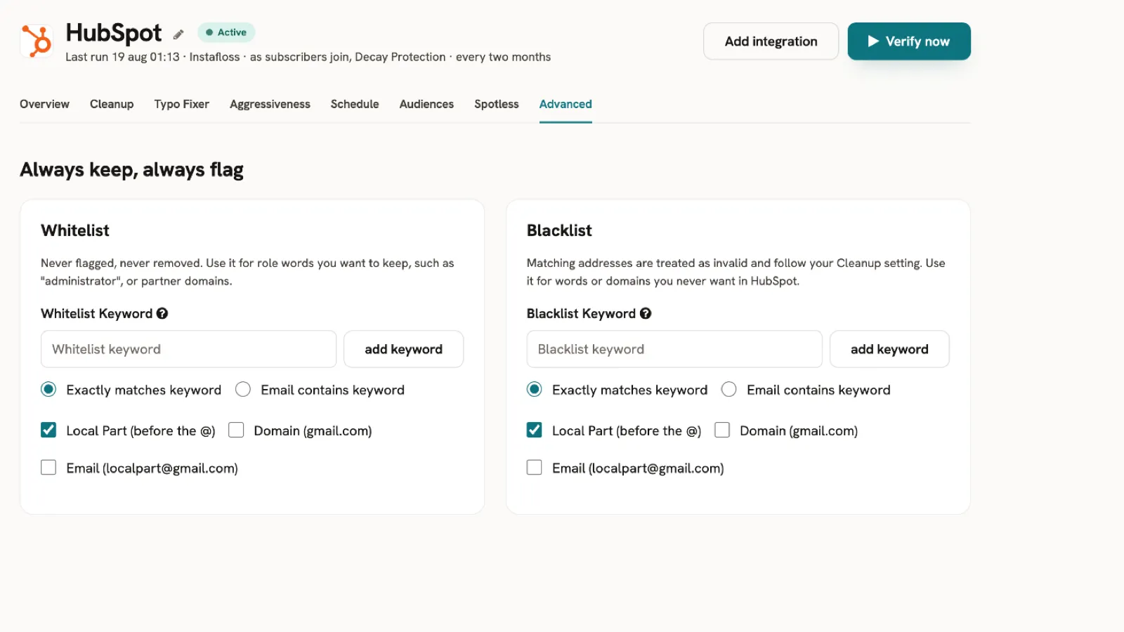 Whitelist and blacklist rules on the Advanced tab Whitelist and blacklist rules on the Advanced tab