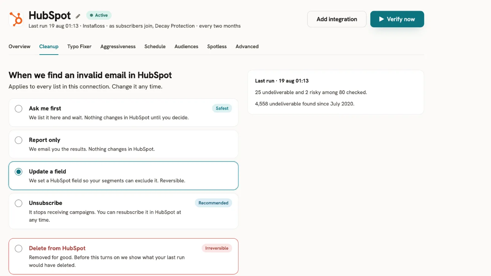 The Cleanup tab for a HubSpot connection The Cleanup tab for a HubSpot connection