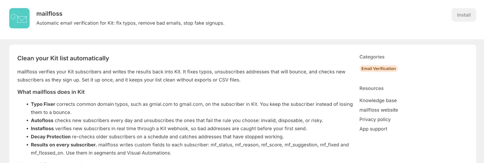 The mailfloss listing in the Kit App Store, with the Install button