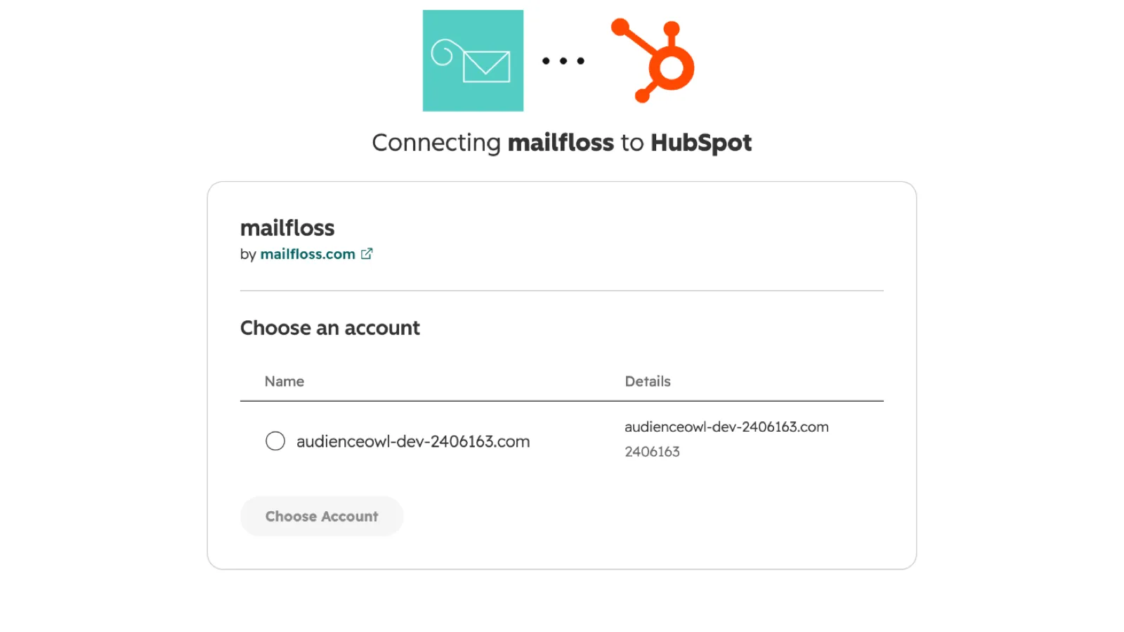 HubSpot asks which account to connect to mailfloss HubSpot asks which account to connect to mailfloss
