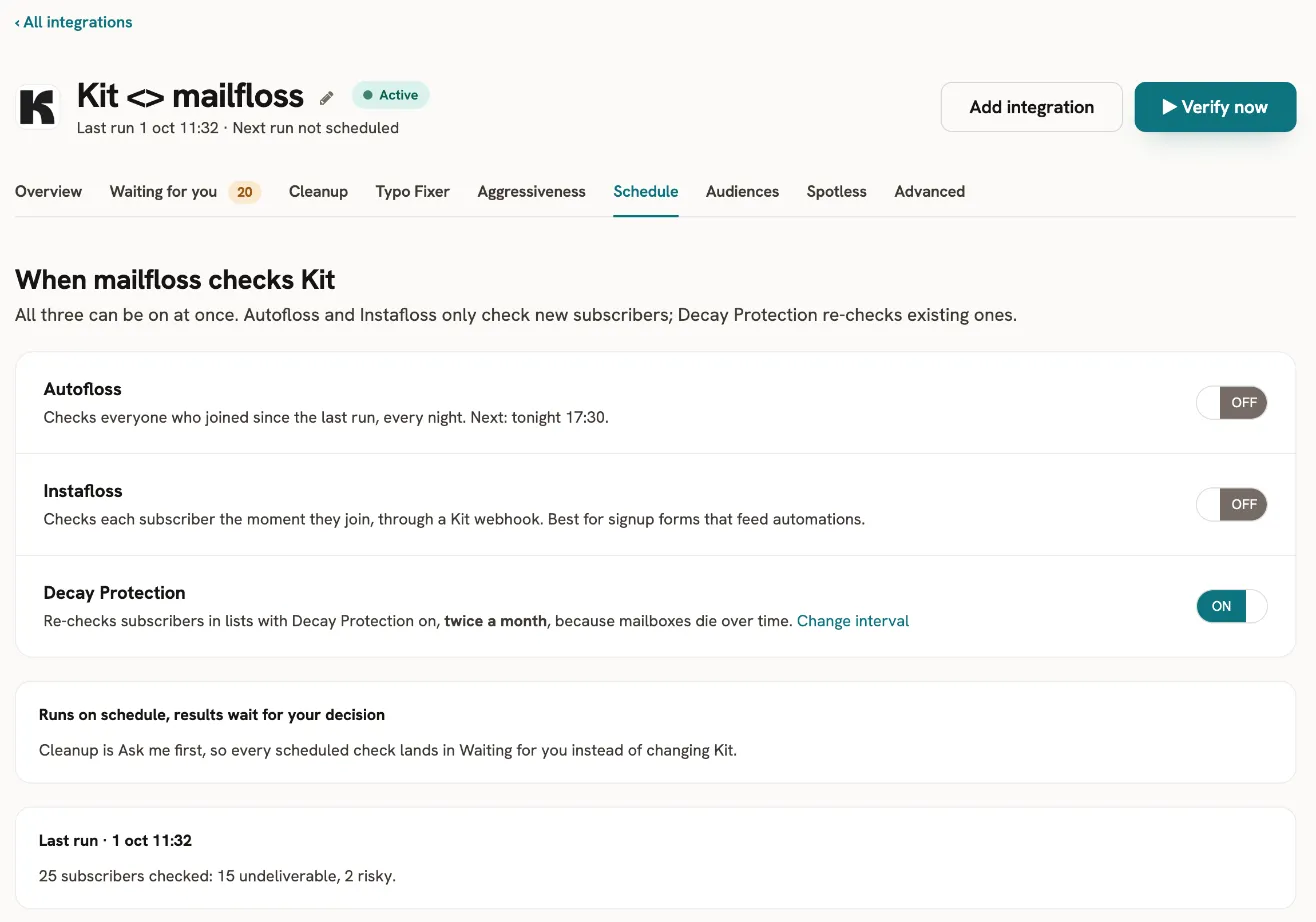 The Schedule tab with toggles for Autofloss, Instafloss and Decay Protection