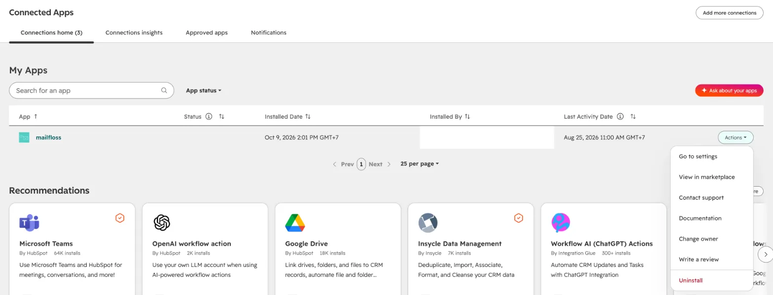 HubSpot's Connected Apps page with the Uninstall action for mailfloss HubSpot's Connected Apps page with the Uninstall action for mailfloss