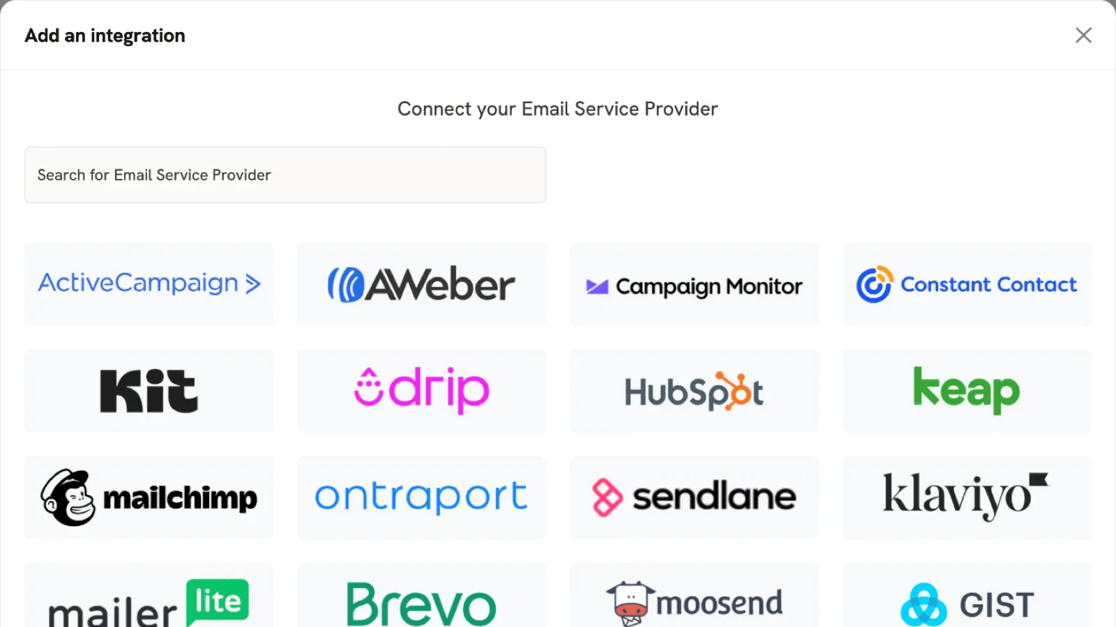 The Add an integration window in mailfloss, with HubSpot in the list The Add an integration window in mailfloss, with HubSpot in the list