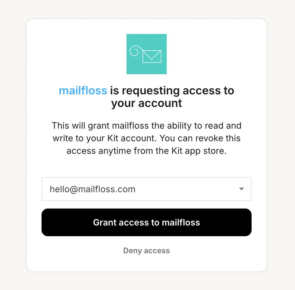 Kit's consent screen with the Grant access to mailfloss button