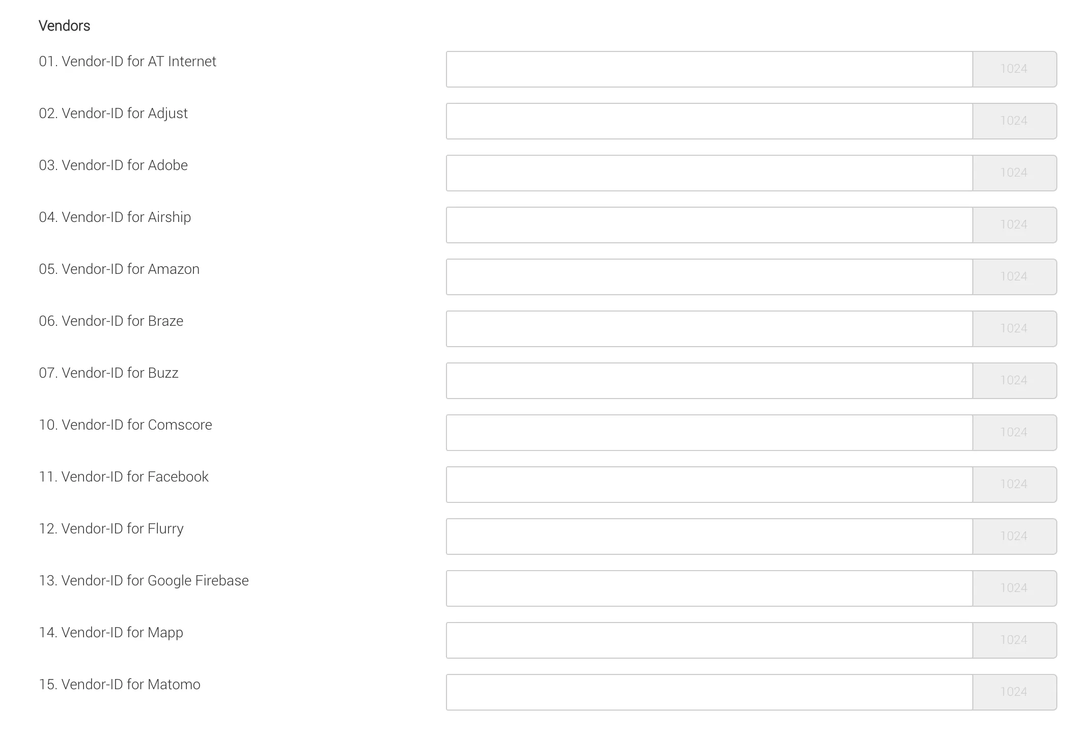 Configuration of the tracking analytics Vendor-IDs