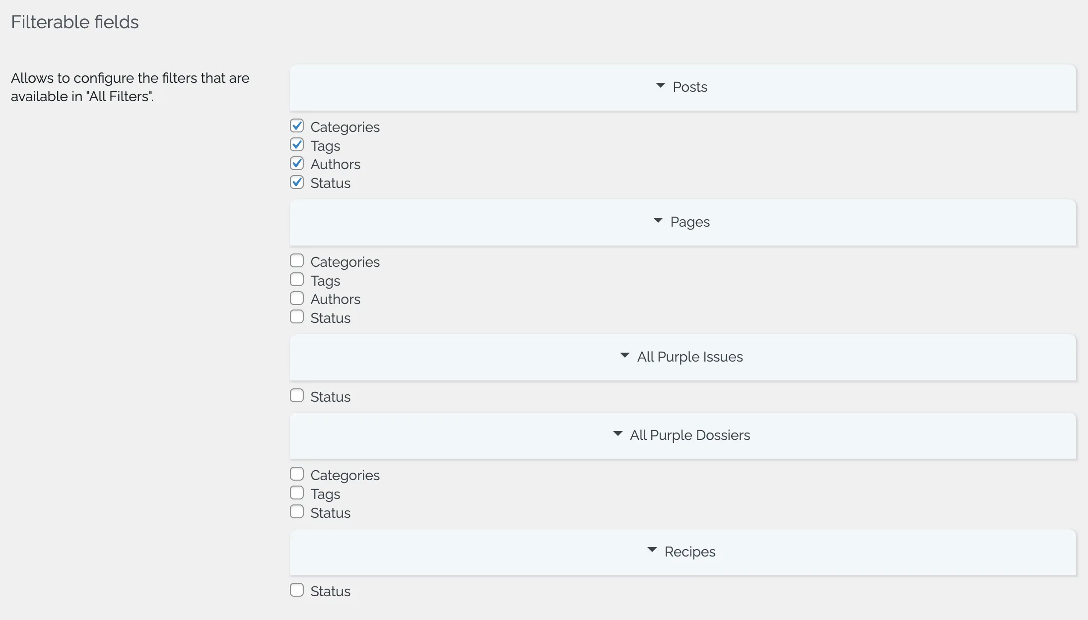 Filterable fields configuration Filterable fields configuration