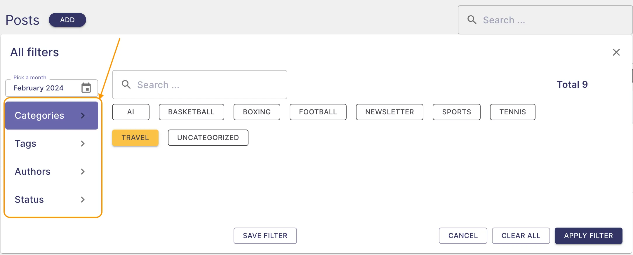 'All Filters' settings in post overview 'All Filters' settings in post overview