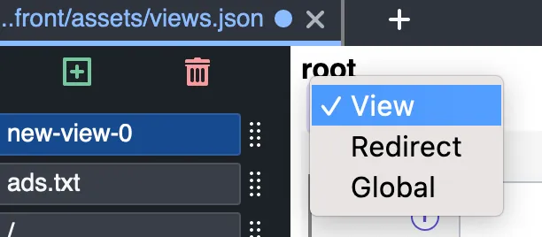 The view type selector: View, Redirect or Global