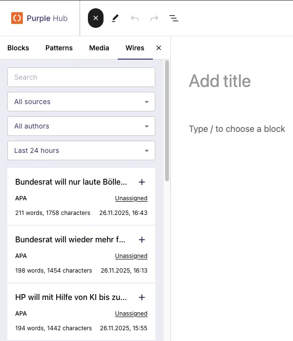 The Purple Wires sidebar was opened on an empty article.