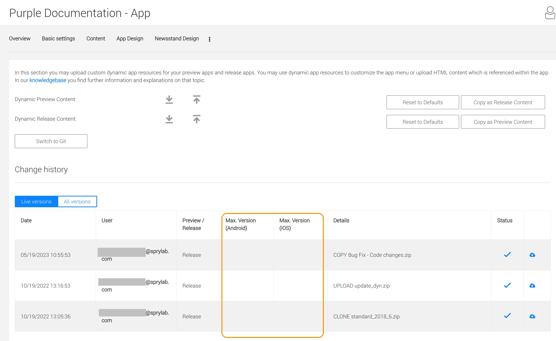 Change history in Dynamic Content Section in Purple Manager