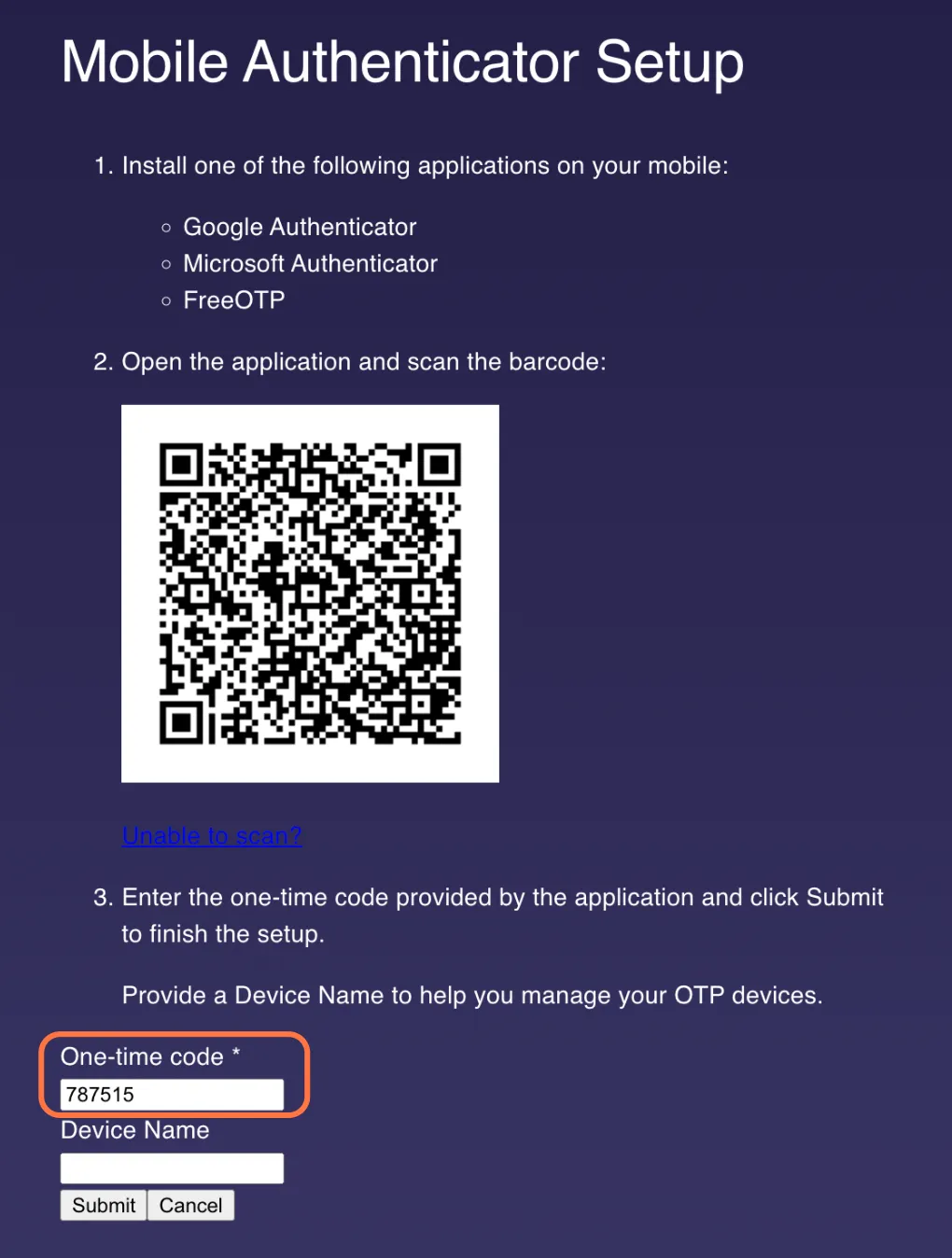 Enter the code in the 'One Time Code' field