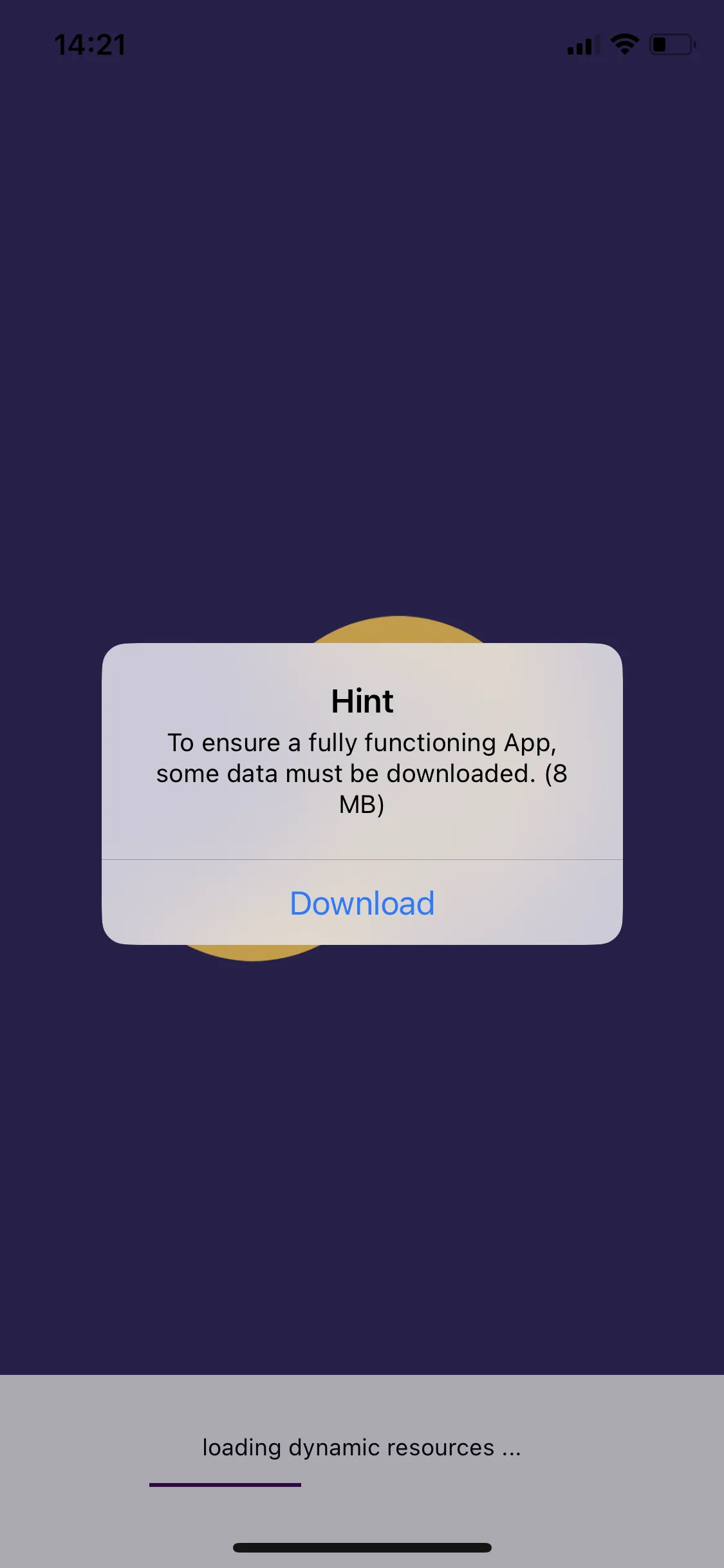 Dialogue for download of Dynamic Resources and their size for iOS