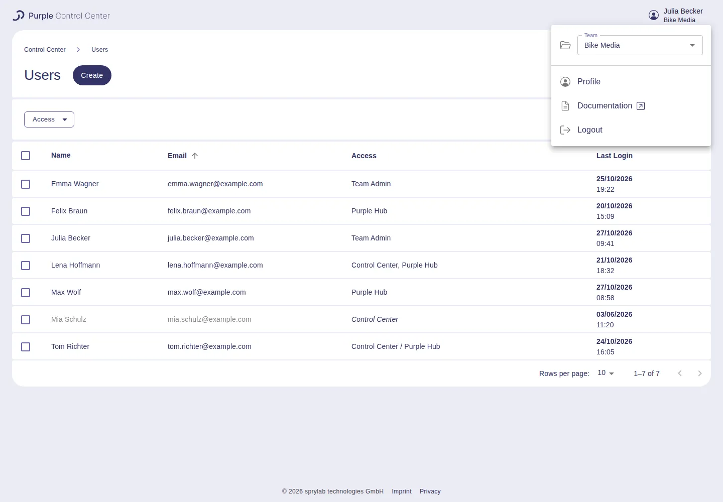 The team selector in the user menu The team selector in the user menu