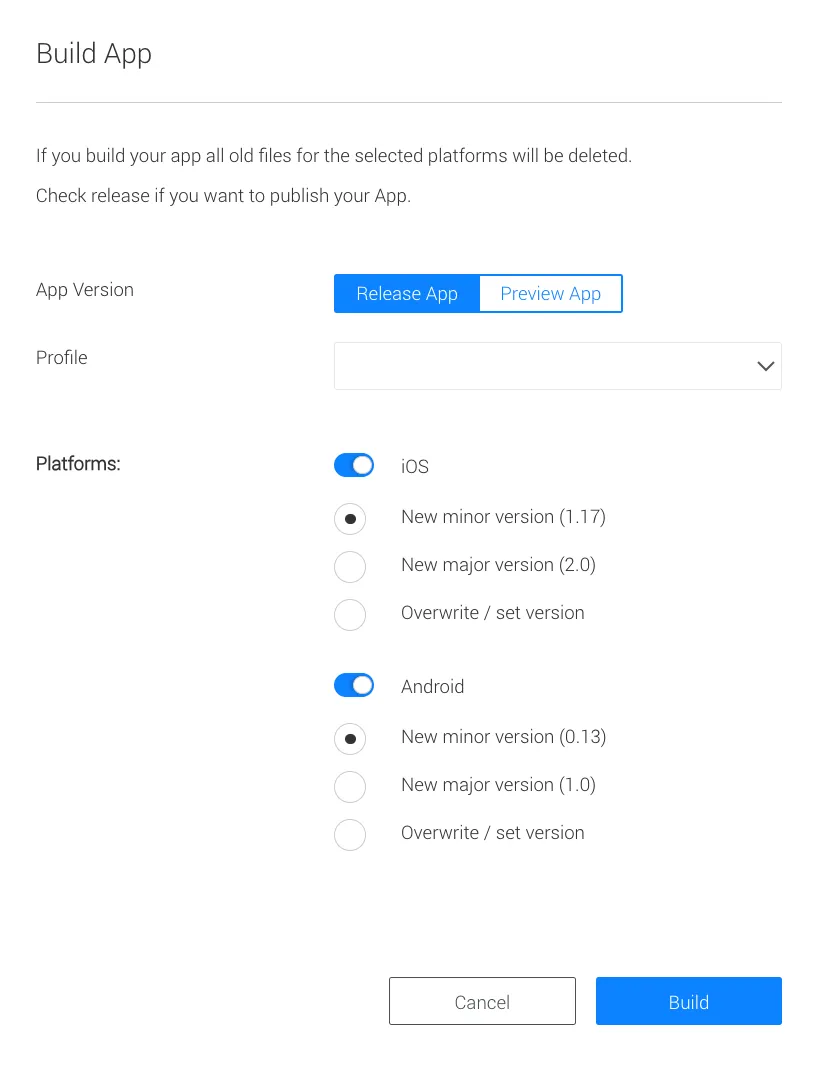 Build App Dialogue 'Release App'