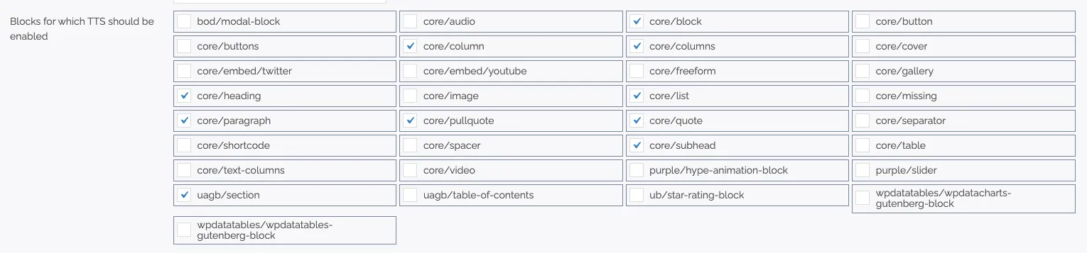 Standard Selection of TTS Blocks