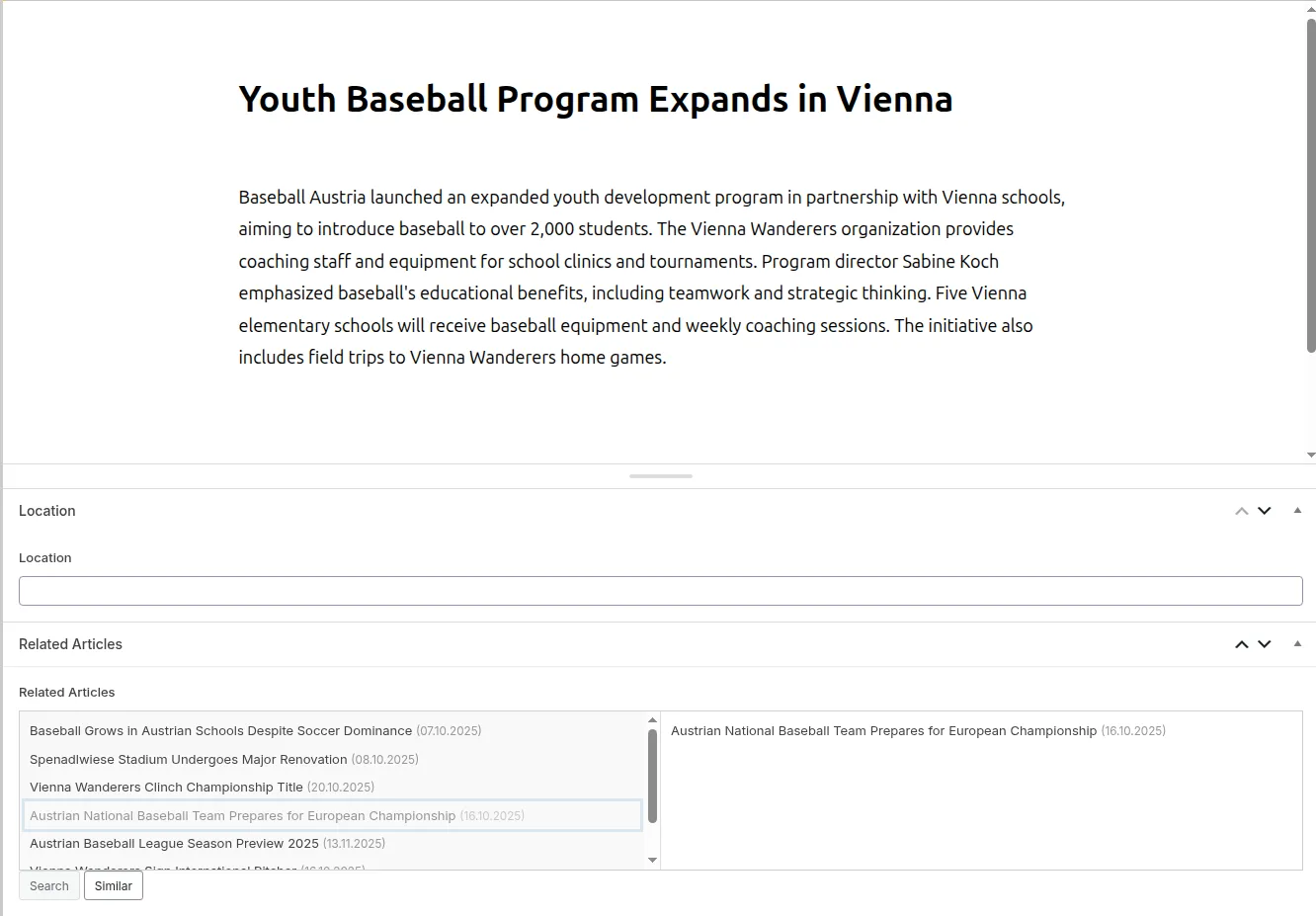 Screenshot of the Purple Hub editor displaying an article and the Related Articles Panel with a candidates selection below.