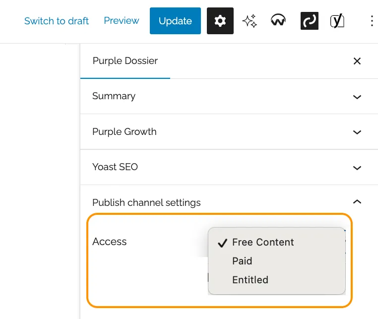 Access level settin in the Purple Hubs sidebar Access level settin in the Purple Hubs sidebar