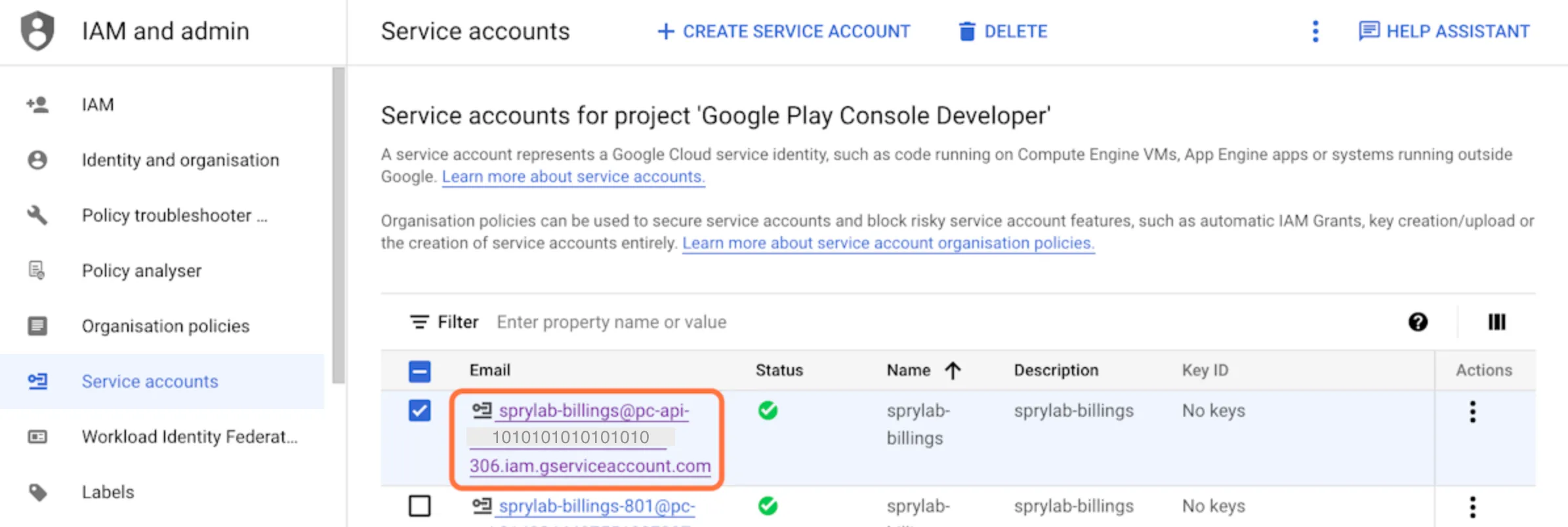 Choose your recently created service account in the list and click on the cell in the column 'Email'