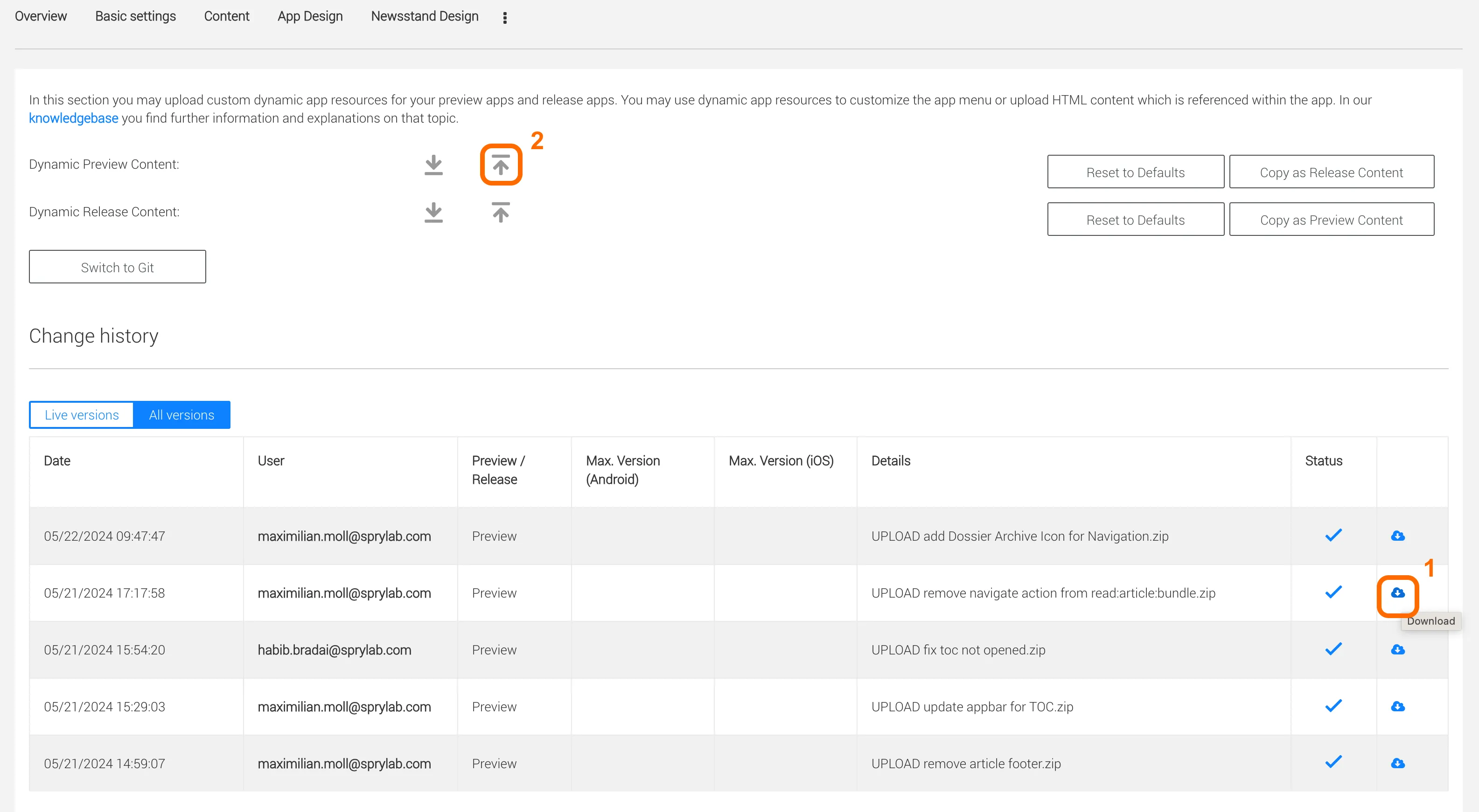 Change history of Dynamic Content in Purple Manager